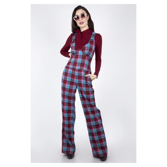 Voodoo Vixen plaid tartan jumpsuit playsuit 70s style Modcloth retro pockets - Picture 2 of 9